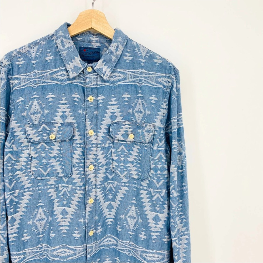 Lucky Brand Medium Blue Chambray southwestern Button Up Collared Long Sleeve Top
